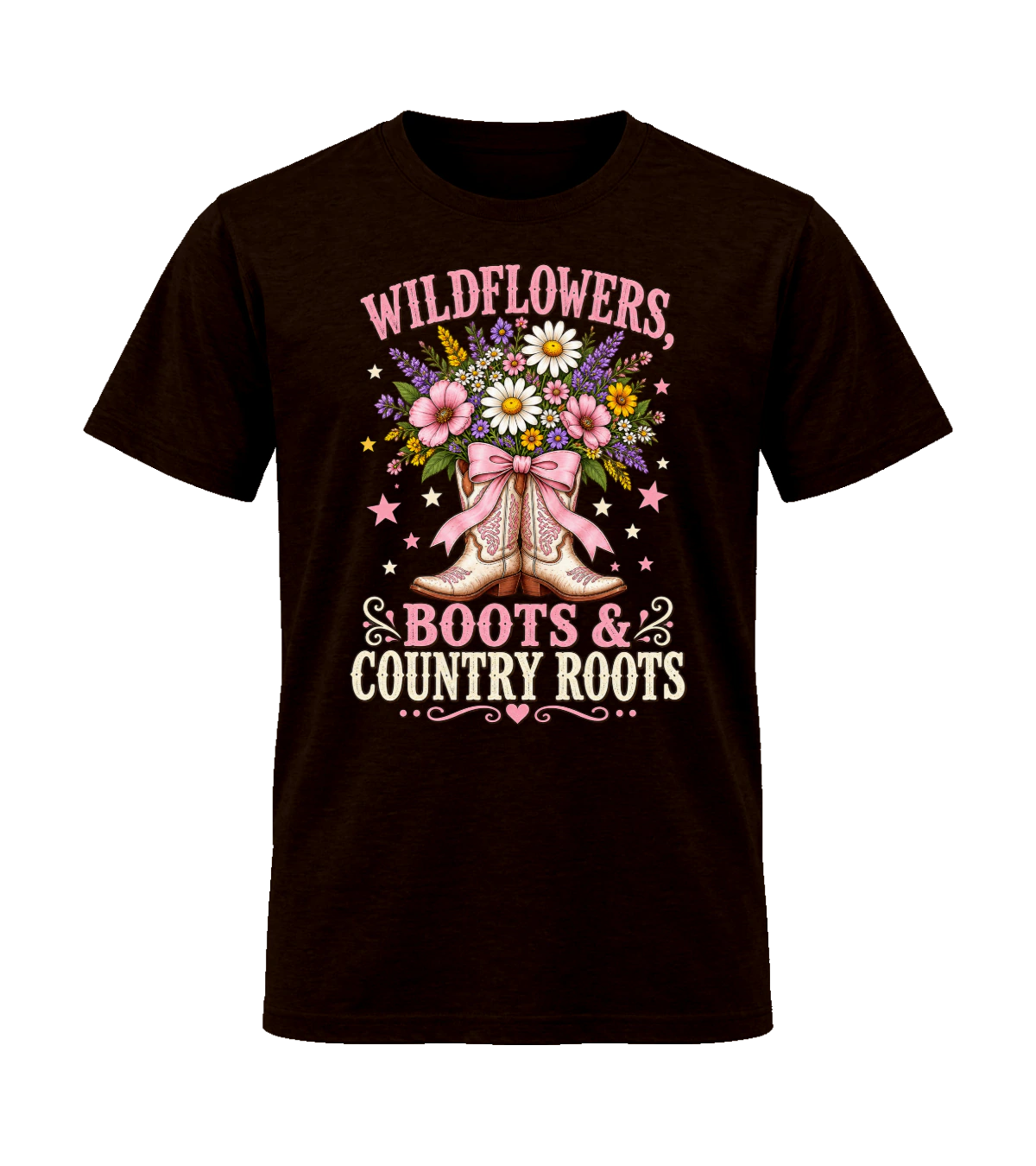 front preview of Wildflowers, Boots & Country Roots on Dark Chocolate T-shirt