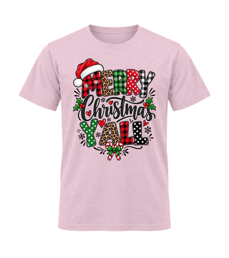 front view of Merry Christmas Y’all on Light Pink Gildan 64000 Softstyle Shirt