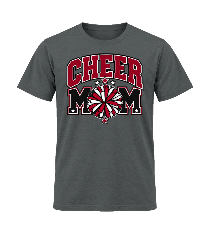 front view of Cheer Mom on Charcoal Gildan 64000 Softstyle Shirt