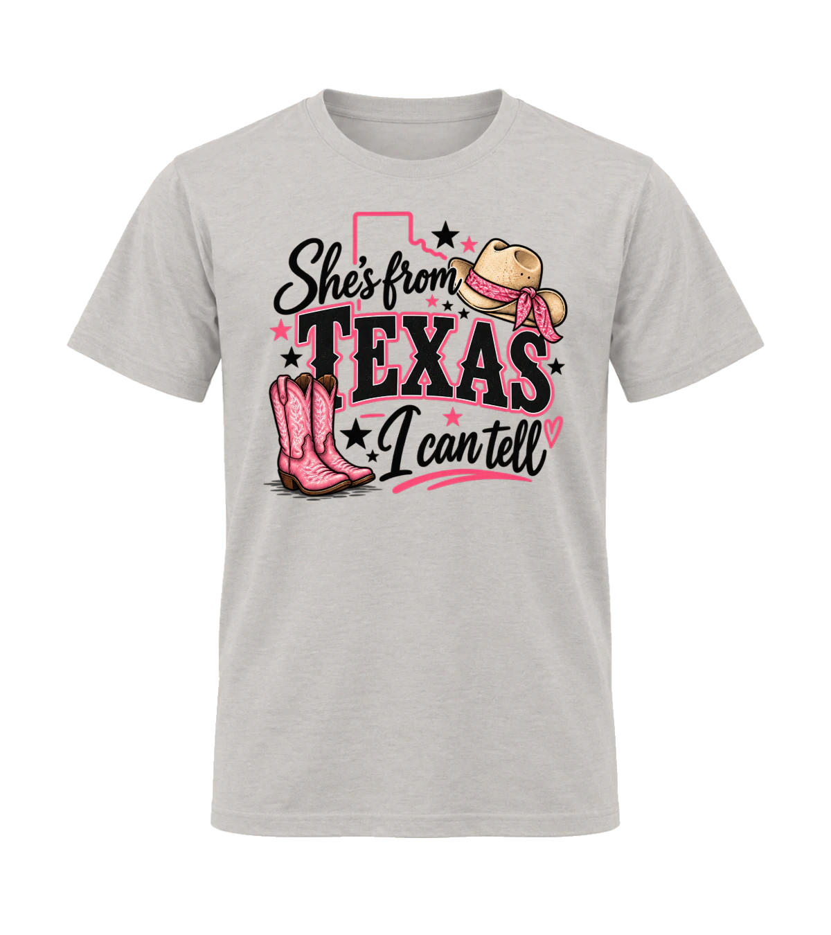 front preview of She's From Texas I can Tell on Ice Gray T-shirt