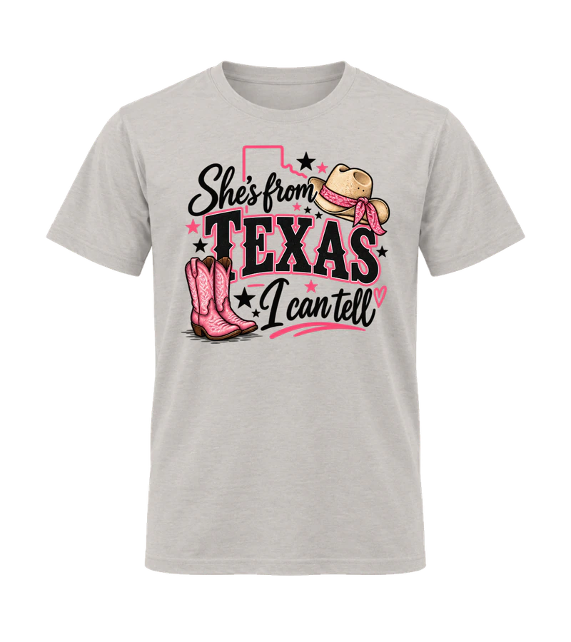 front view of She's From Texas I can Tell on Ice Gray Gildan 64000 Softstyle Shirt