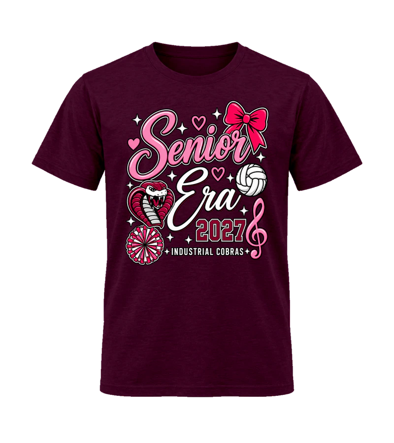 front view of Senior Era Activities on Maroon Gildan 64000 Softstyle Shirt