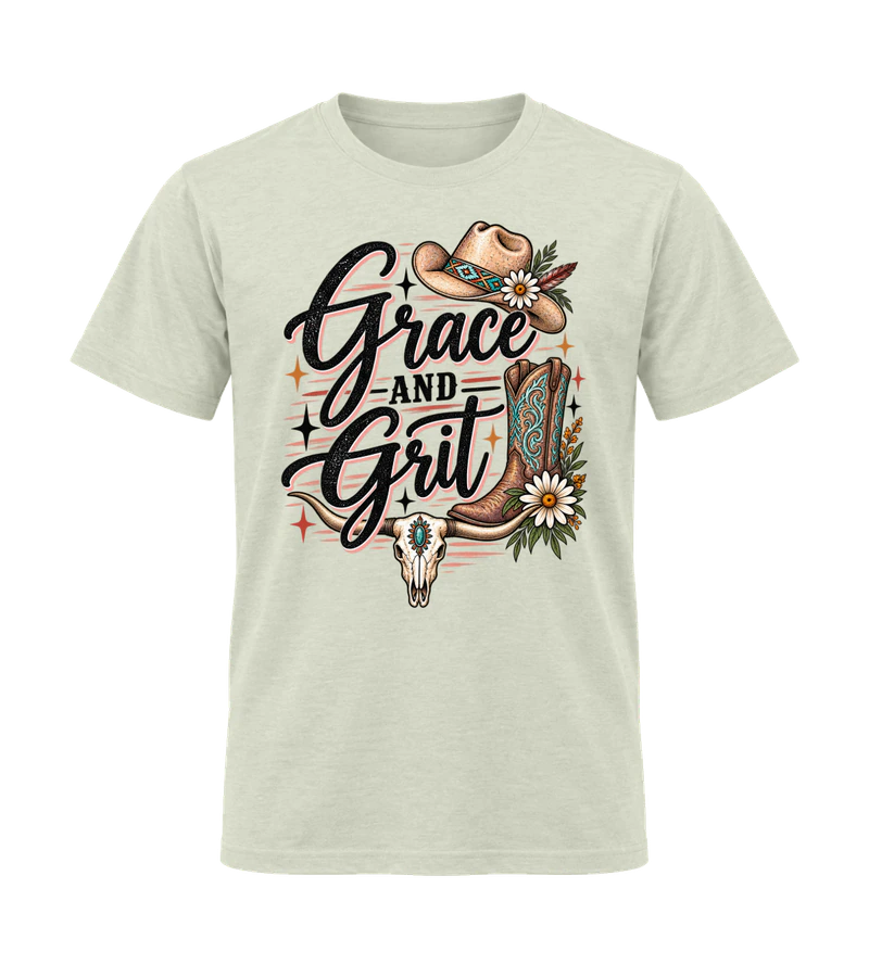 front view of Grace And Grit on Natural Gildan 64000 Softstyle Shirt