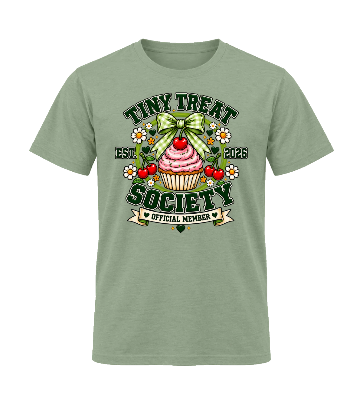 front preview of Tiny Treat Society on Sage T-shirt