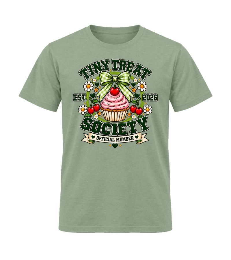 front view of Tiny Treat Society on Sage Gildan 64000 Softstyle Shirt
