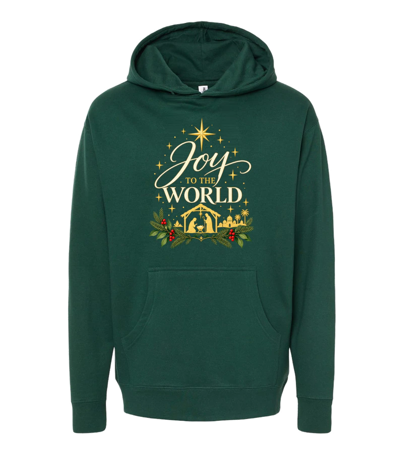 front view of Joy To The World on Forest Green Independent Trading Co. SS4500 Midweight Pullover Hoodie