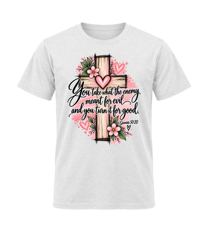 front view of You Took What The Enemy Meant For Evil And Turn It For Good on White Gildan 64000 Softstyle Shirt