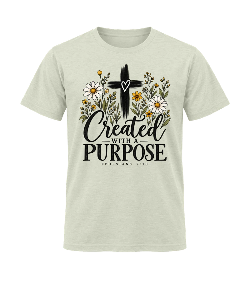 front view of Created With A Purpose on Natural Gildan 64000 Softstyle Shirt