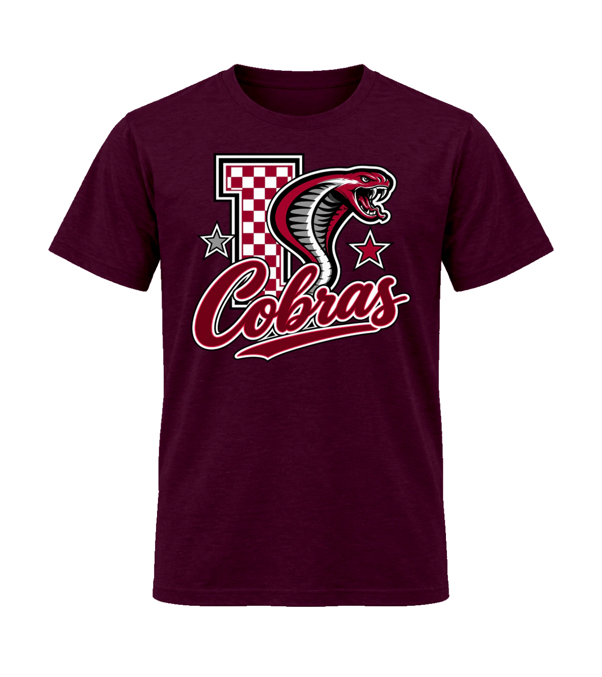 front preview of Industrial Cobras on Maroon T-shirt
