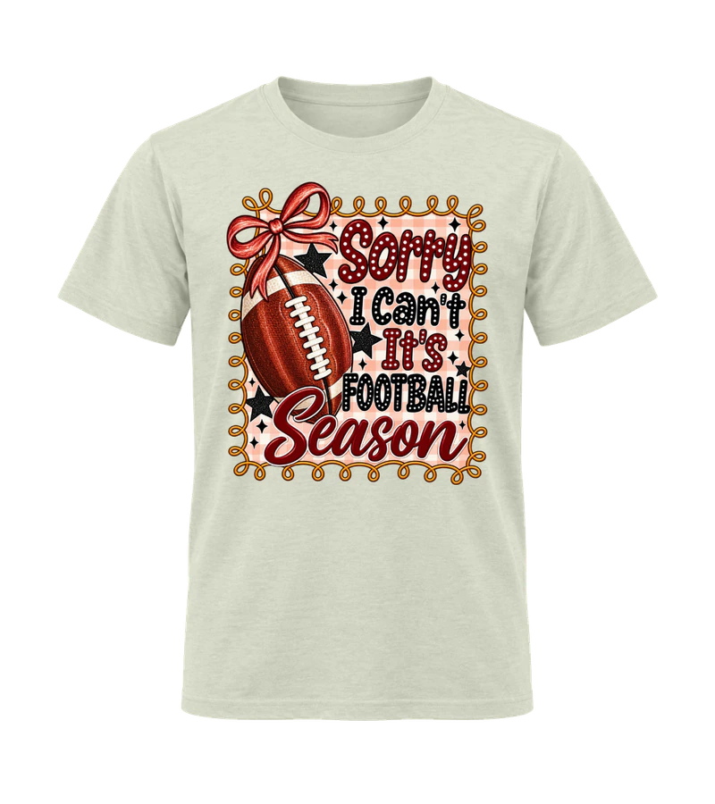 front view of Sorry I Can't It's Football Season on Natural Gildan 64000 Softstyle Shirt