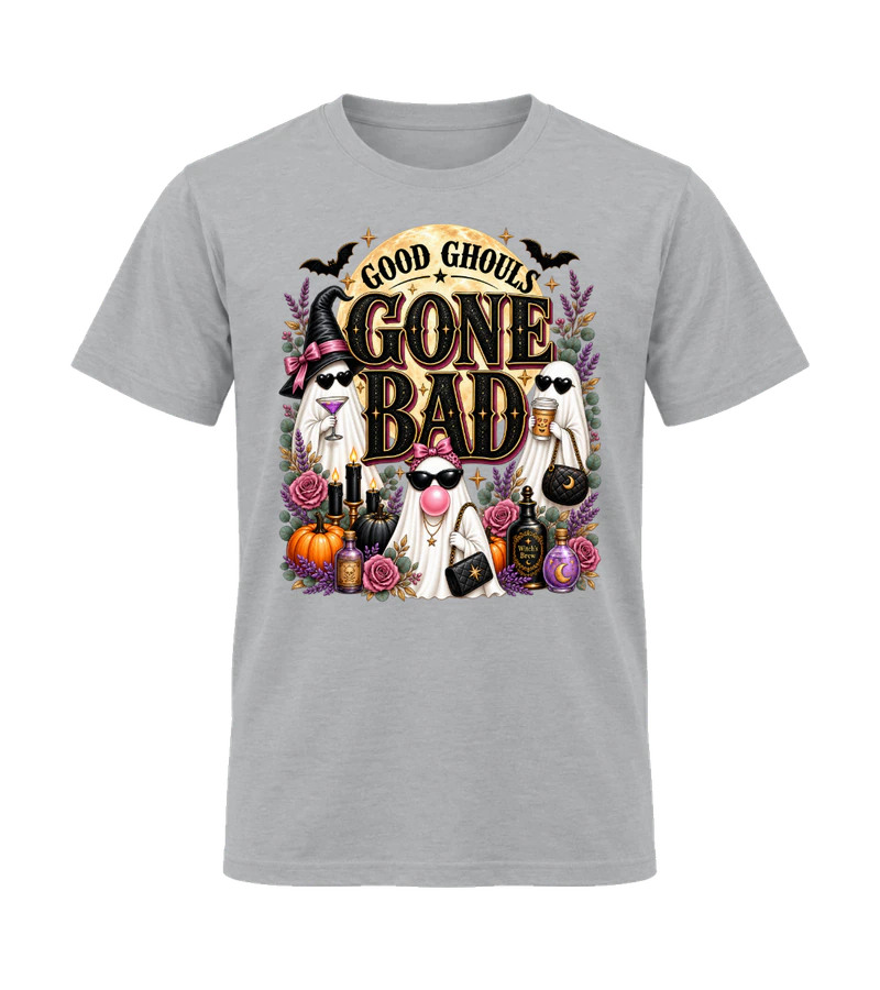 front view of Good Ghouls Gone Bad on Sport Gray Gildan 64000 Softstyle Shirt