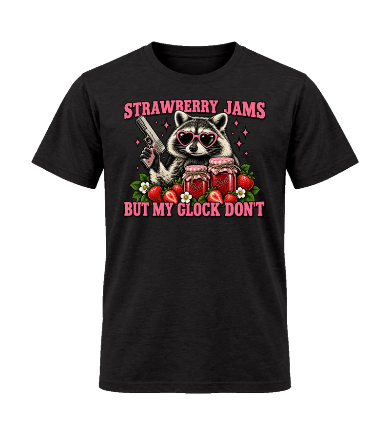 front view of Strawberry Jams But My Glock Don't on Black Gildan 64000 Softstyle Shirt