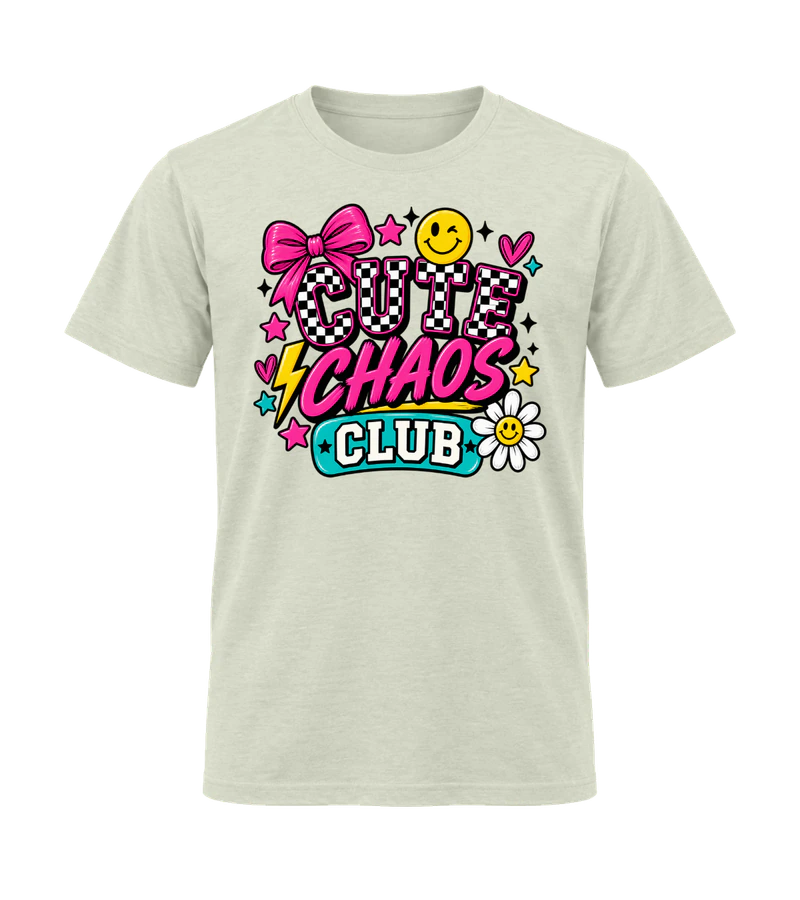 front view of Cute Chaos Club on Natural Gildan 64000 Softstyle Shirt