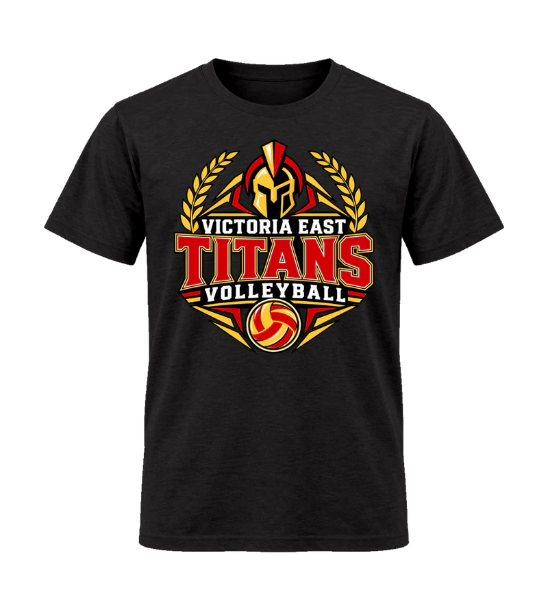 front view of Victoria East Titans Volleyball on Black Gildan 64000 Softstyle Shirt