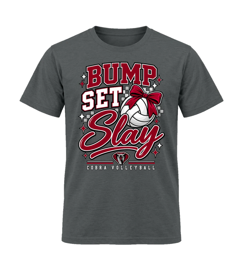 front view of Bump Set Slay Cobra Volleyball on Charcoal Gildan 64000 Softstyle Shirt