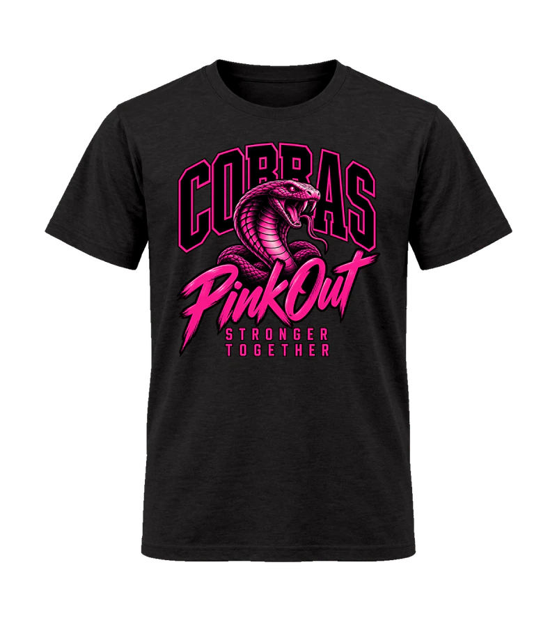 front view of Cobras Pink Out Stronger Together on Black Gildan 64000 Softstyle Shirt