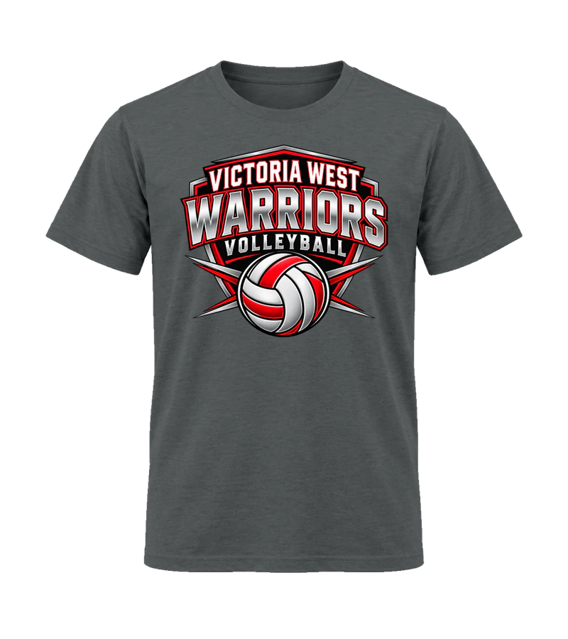 front view of Victoria West Warriors Volleyball on Charcoal Gildan 64000 Softstyle Shirt