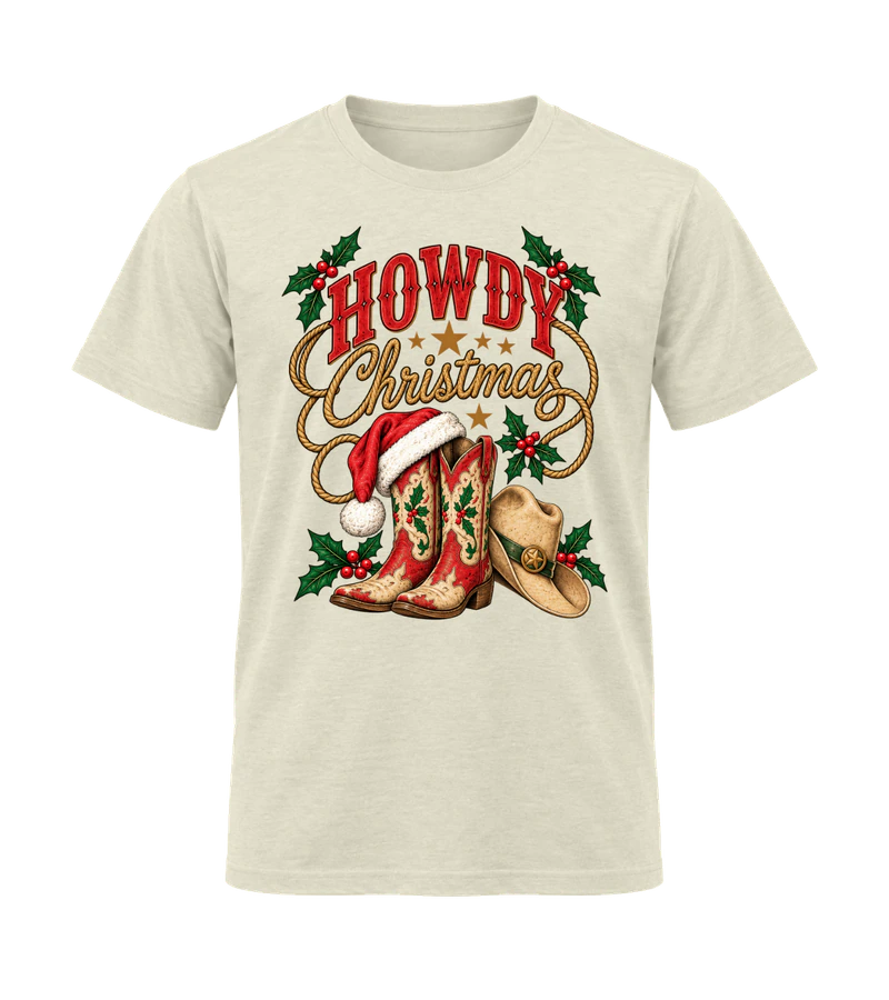 front view of Howdy Christmas on Off White Gildan 64000 Softstyle Shirt