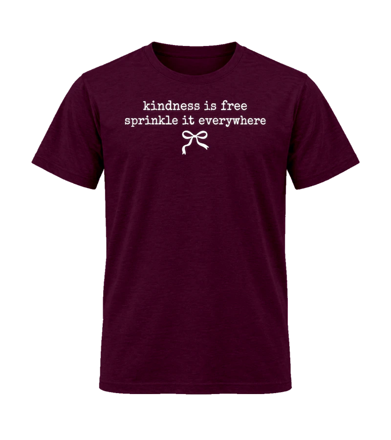 front view of Kindness Is Free Sprinkle It Everywhere on Maroon Gildan 64000 Softstyle Shirt