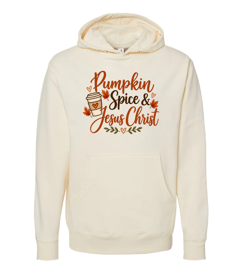 front view of Pumpkin Spice & Jesus Christ on Bone Independent Trading Co. SS4500 Midweight Pullover Hoodie
