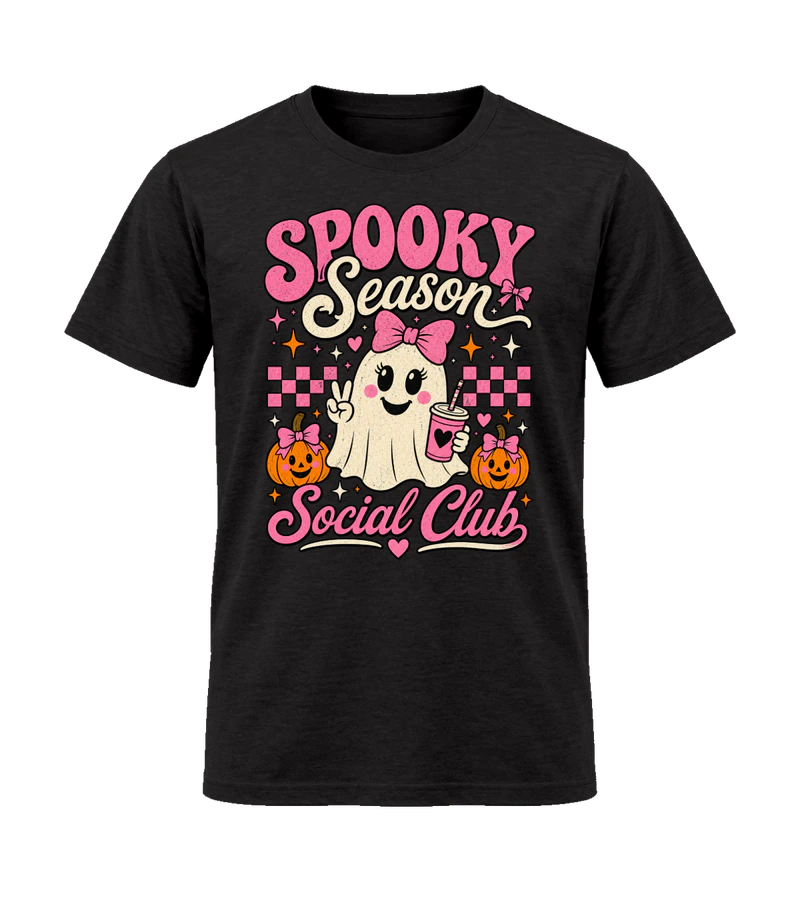 front view of Spooky Season Social Club on Black Gildan 64000 Softstyle Shirt
