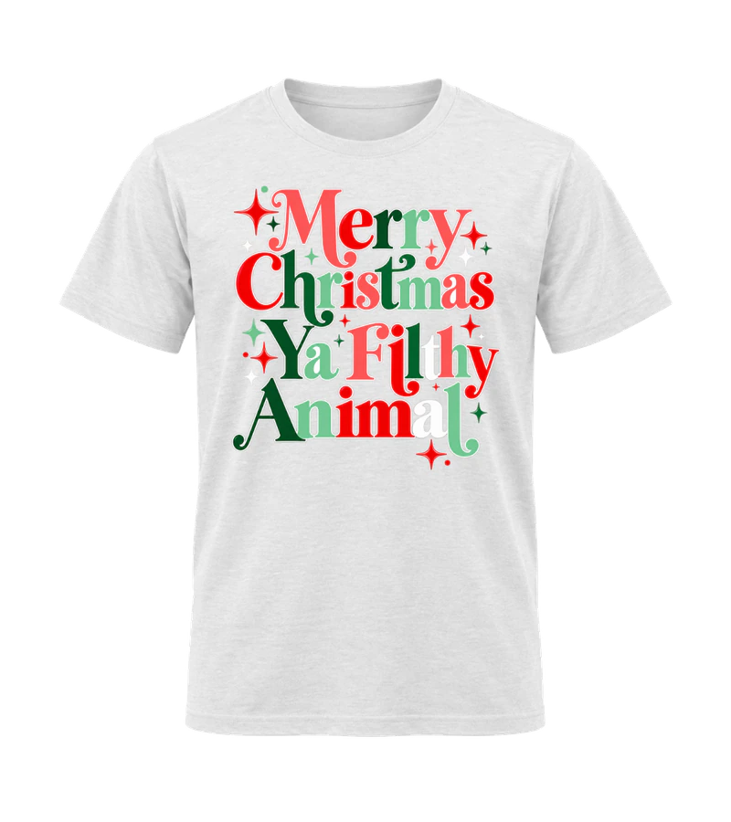 front view of Merry Christmas Ya Filthy Animal on White Gildan 64000 Softstyle Shirt