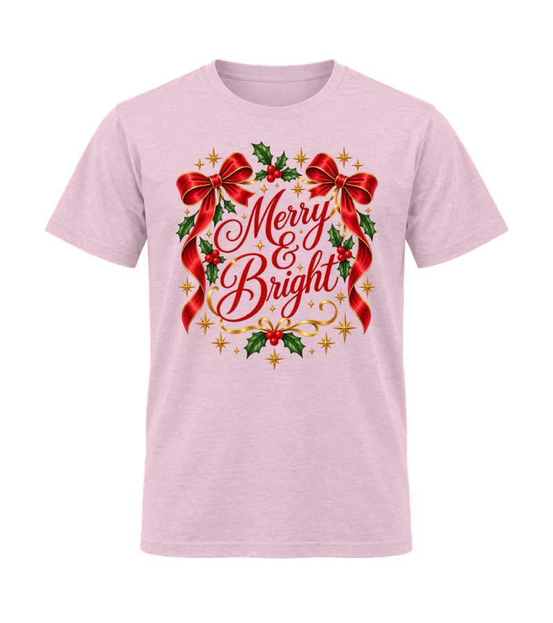 front view of Merry And Bright on Light Pink Gildan 64000 Softstyle Shirt
