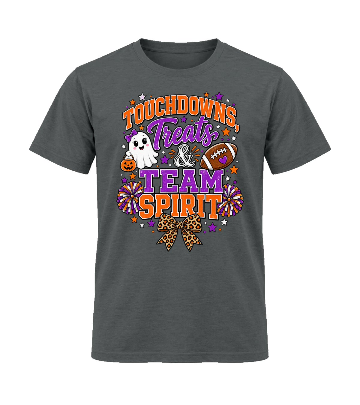 front preview of Touchdowns, Treats & Team Spirit on Charcoal T-shirt