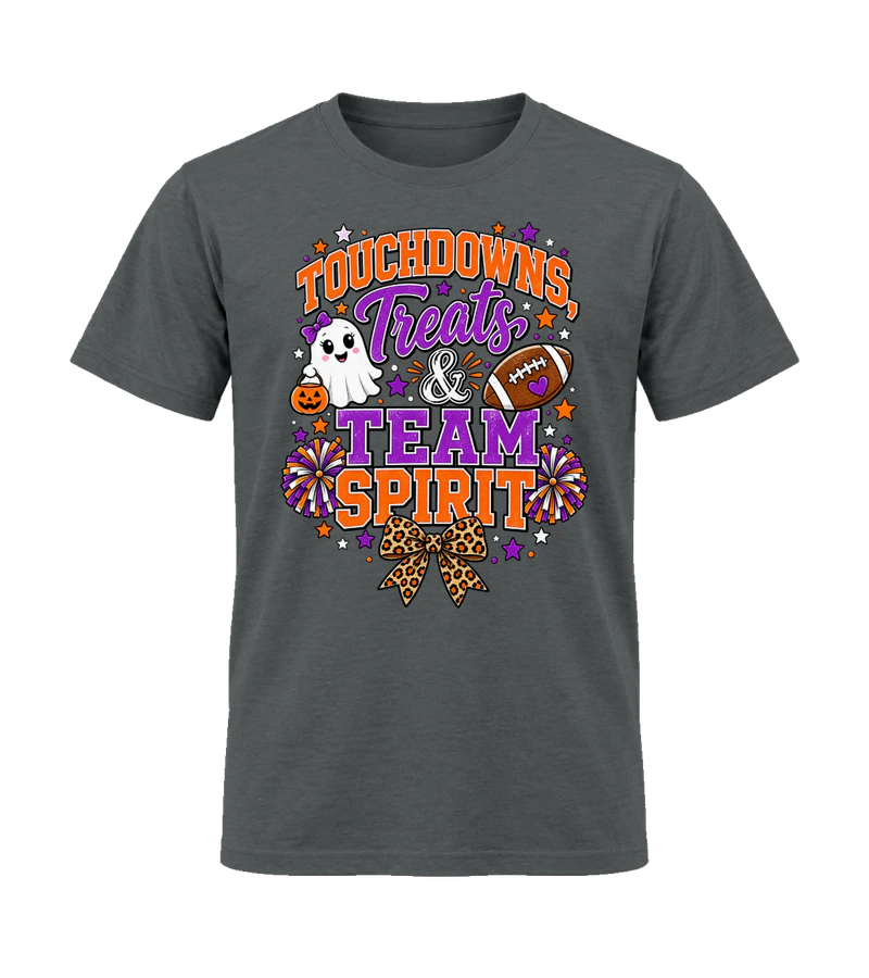 front view of Touchdowns, Treats & Team Spirit on Charcoal Gildan 64000 Softstyle Shirt
