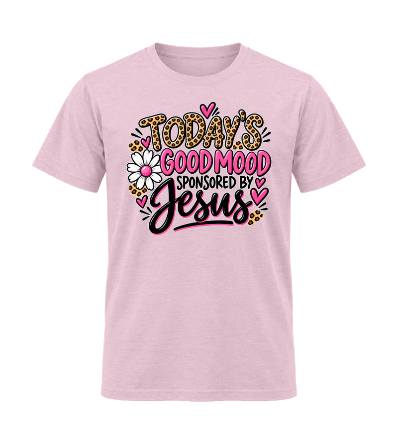 front view of Today's Good Mood Sponsored By Jesus on Light Pink Gildan 64000 Softstyle Shirt