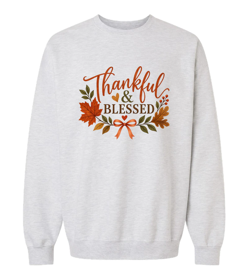 front view of Thankful & Blessed on Ash Grey Gildan SF000 Softstyle Midweight Crewneck Sweatshirt