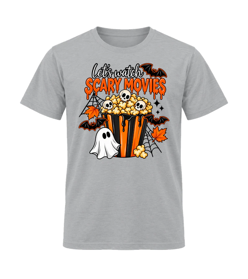 front view of Let's Watch Scary Movies on Sport Gray Gildan 64000 Softstyle Shirt